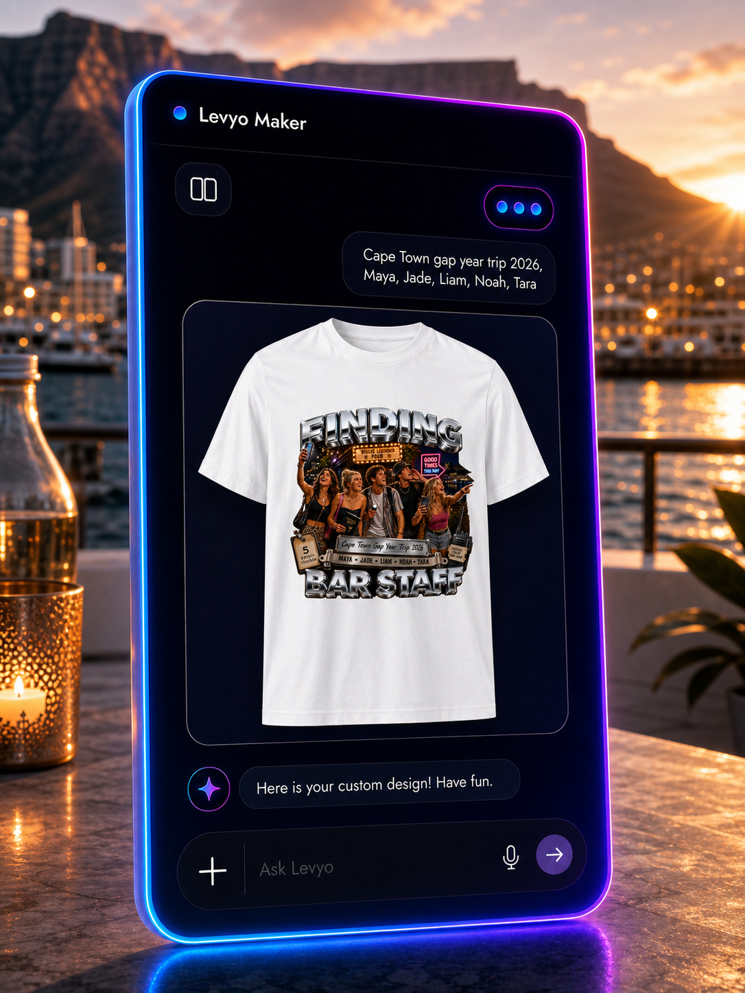Levyo Maker result screen for gap year trip t shirts