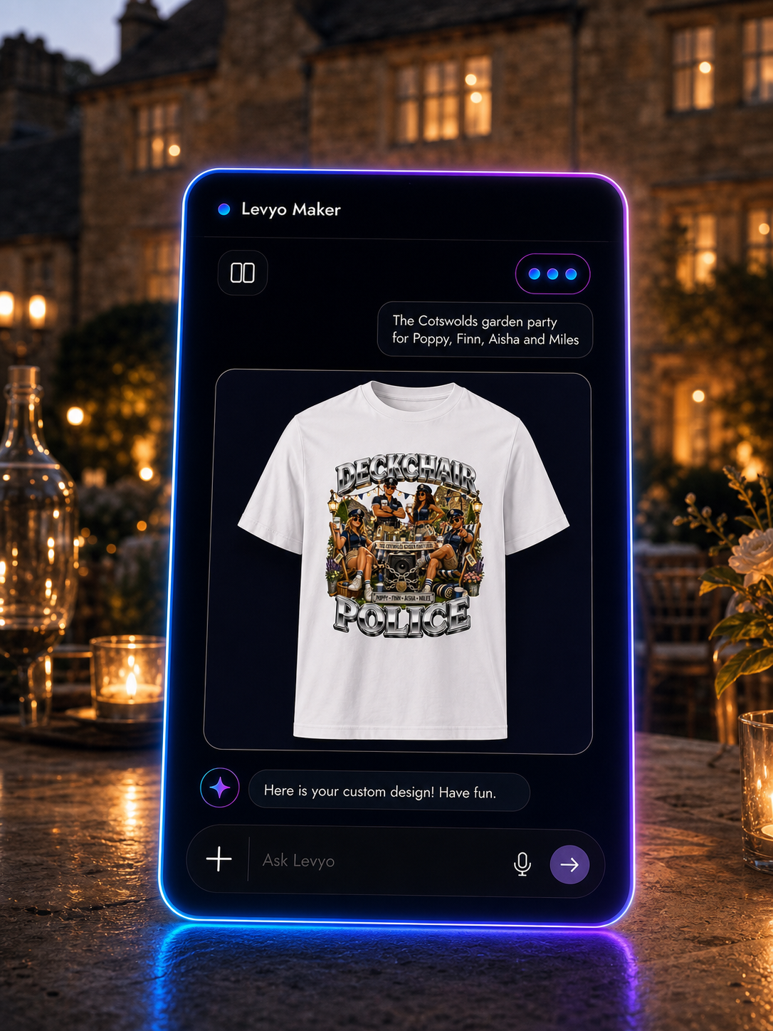 Levyo Maker result screen for garden party t shirts