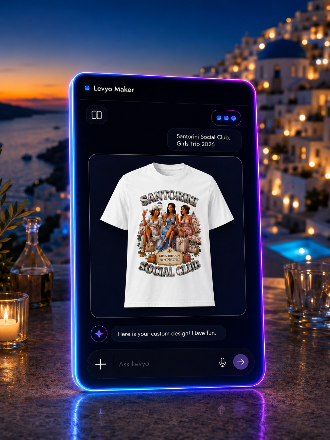 Levyo Maker turning a girls-trip idea into a finished shirt mockup inside the real Maker shell