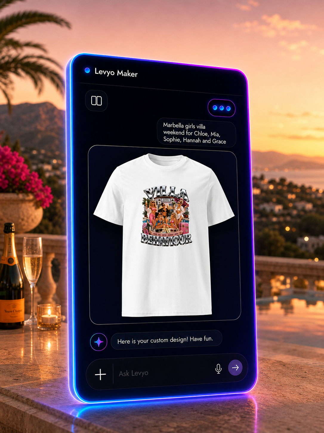 Levyo Maker result screen for girls villa weekend t shirts