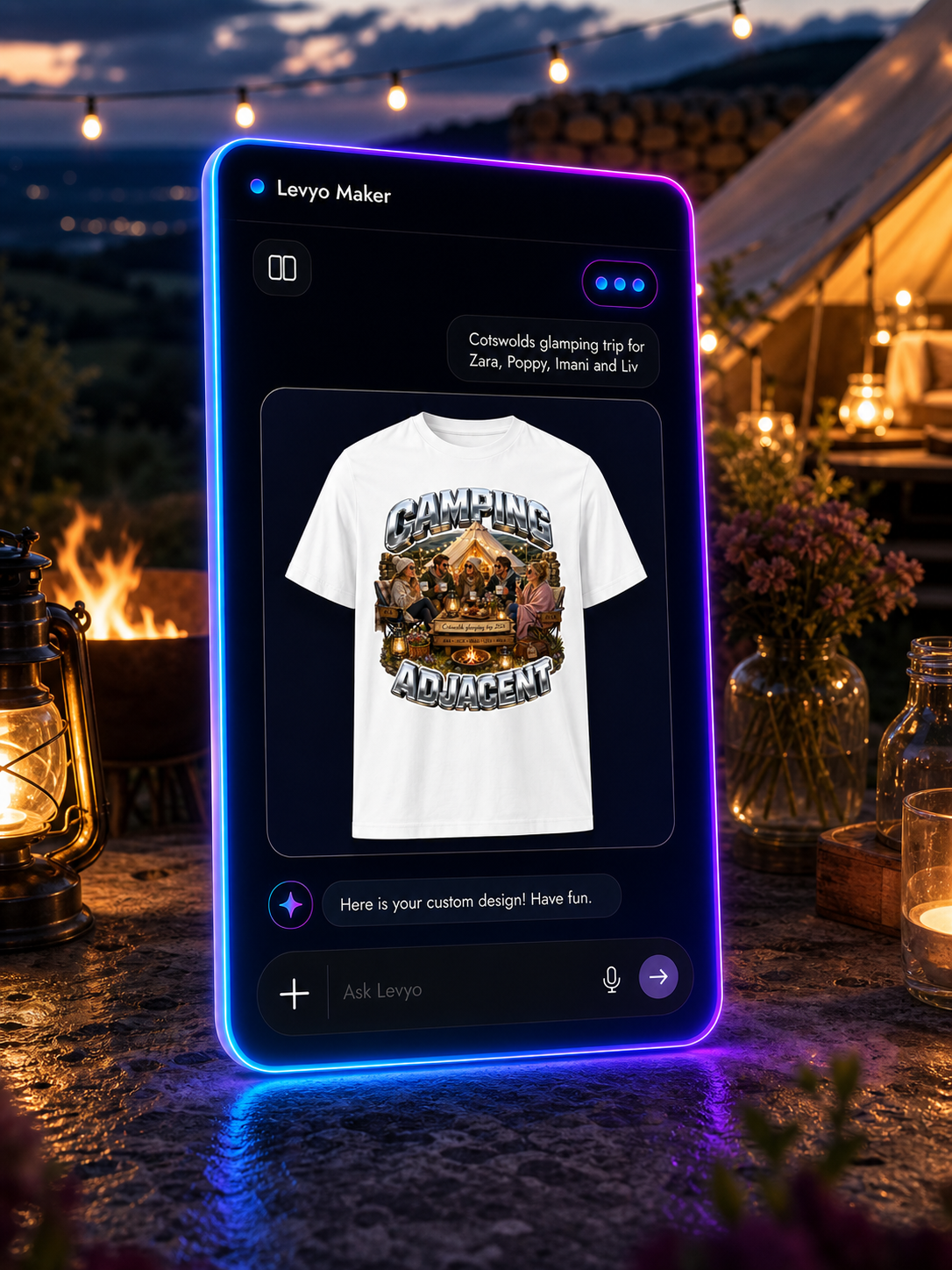 Levyo Maker result screen for glamping trip t shirts