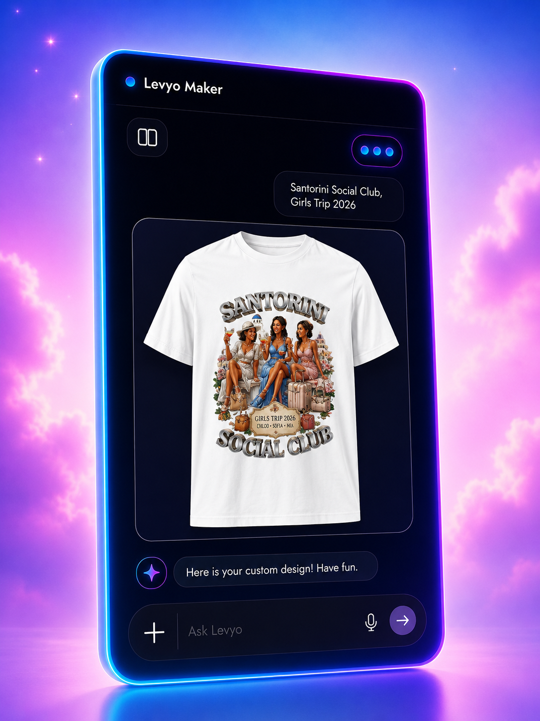 Levyo Maker showing a short idea turned into a shirt mockup in the canonical flow