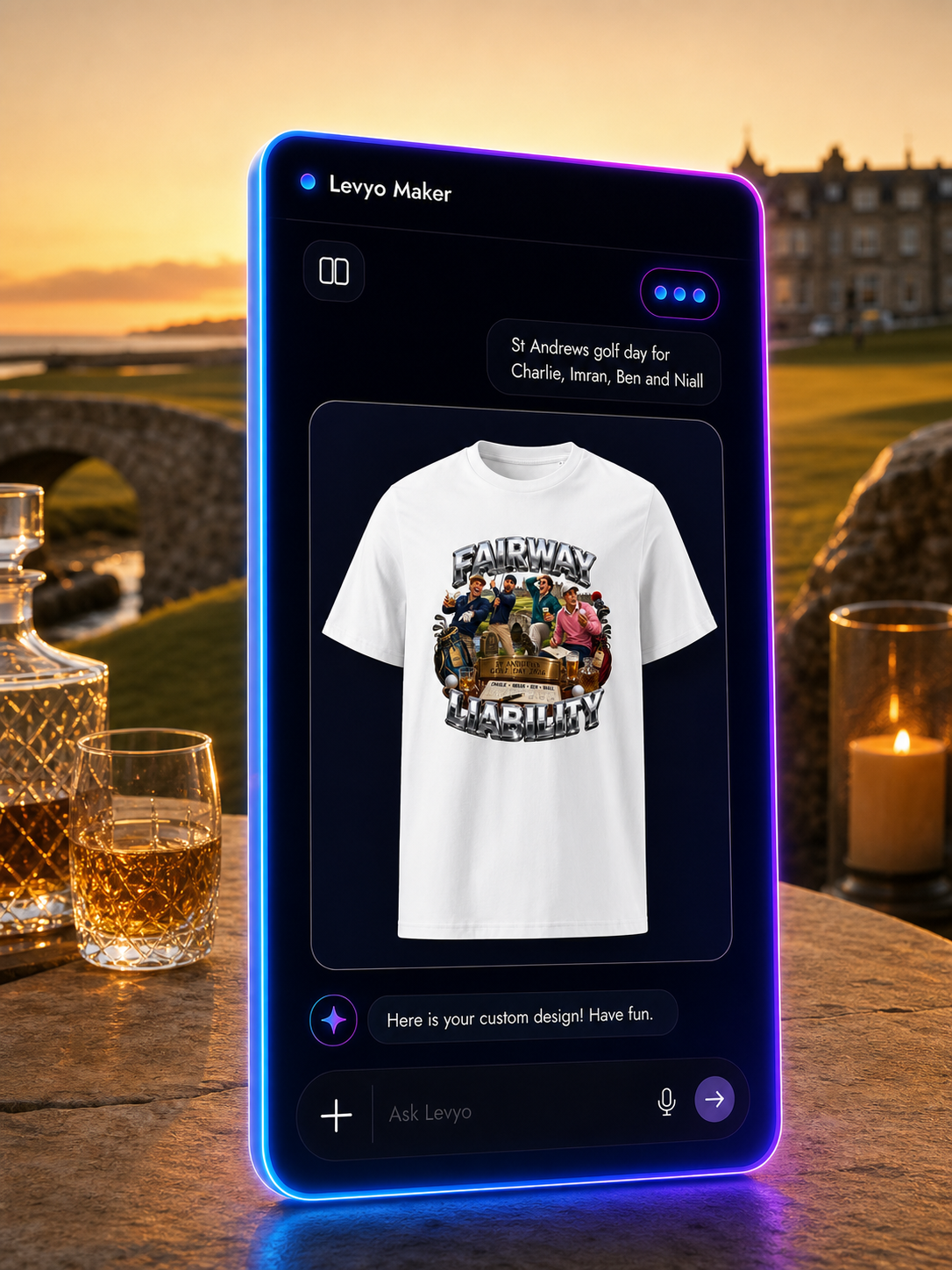 Levyo Maker result screen for golf day t shirts