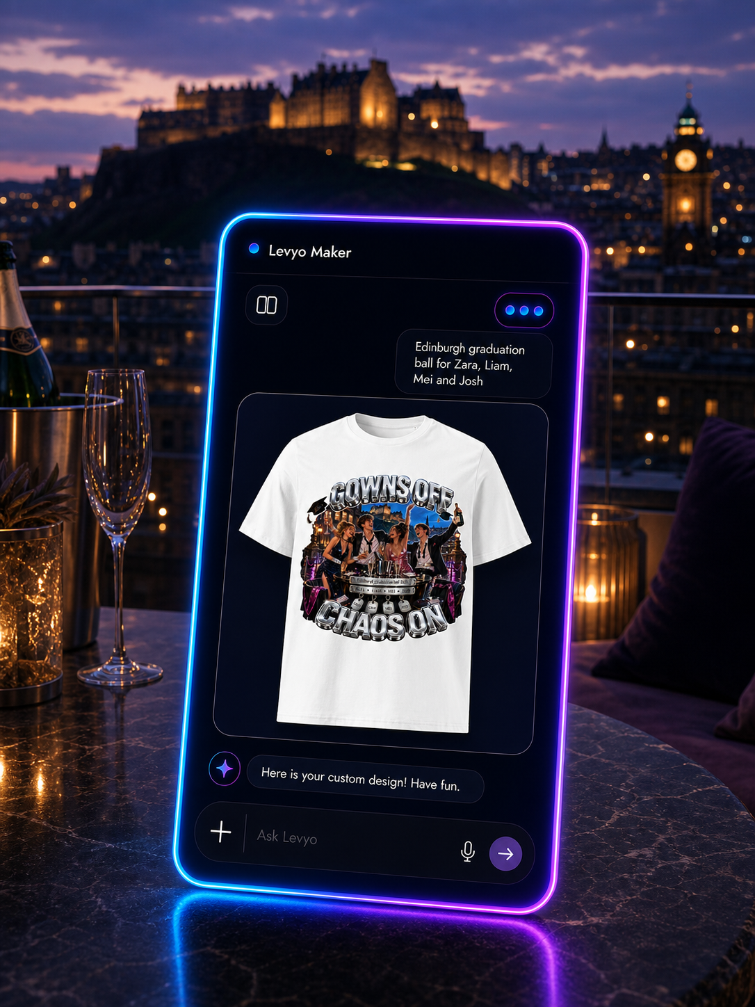 Levyo Maker result screen for graduation ball t shirts