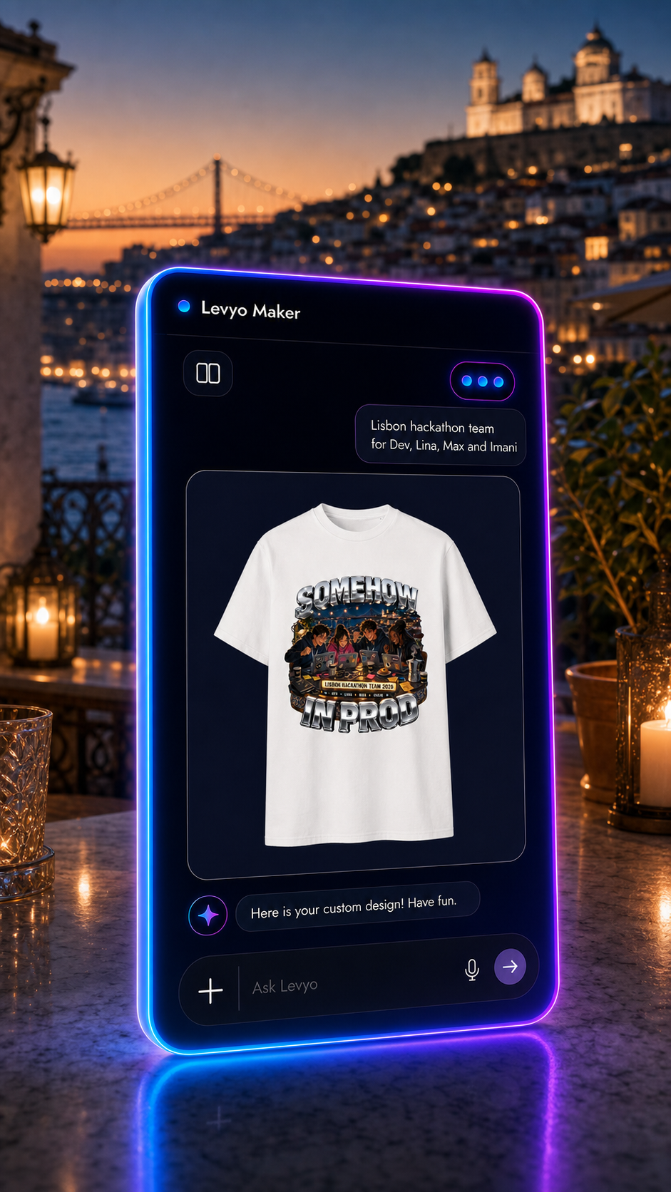 Levyo Maker result screen for hackathon team t shirts