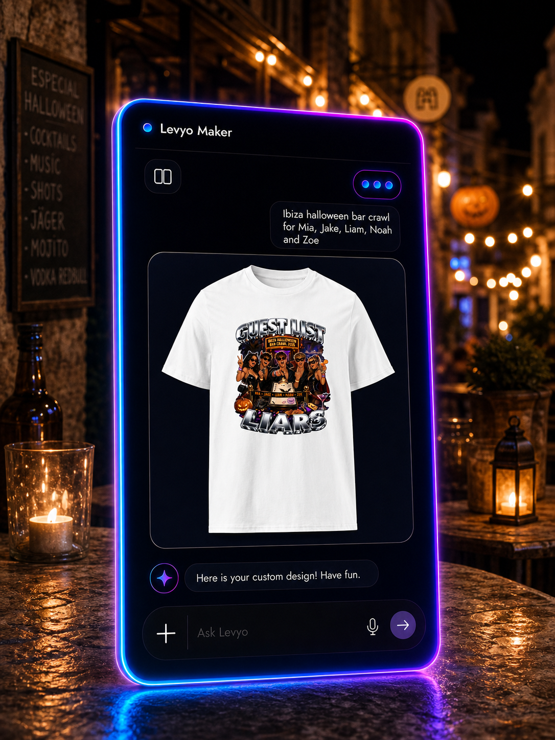 Levyo Maker result screen for halloween bar crawl t shirts