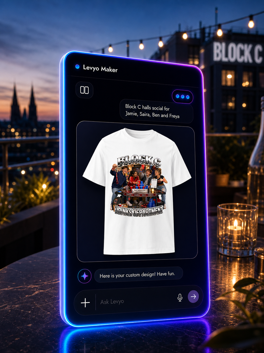 Levyo Maker result screen for halls social t shirts