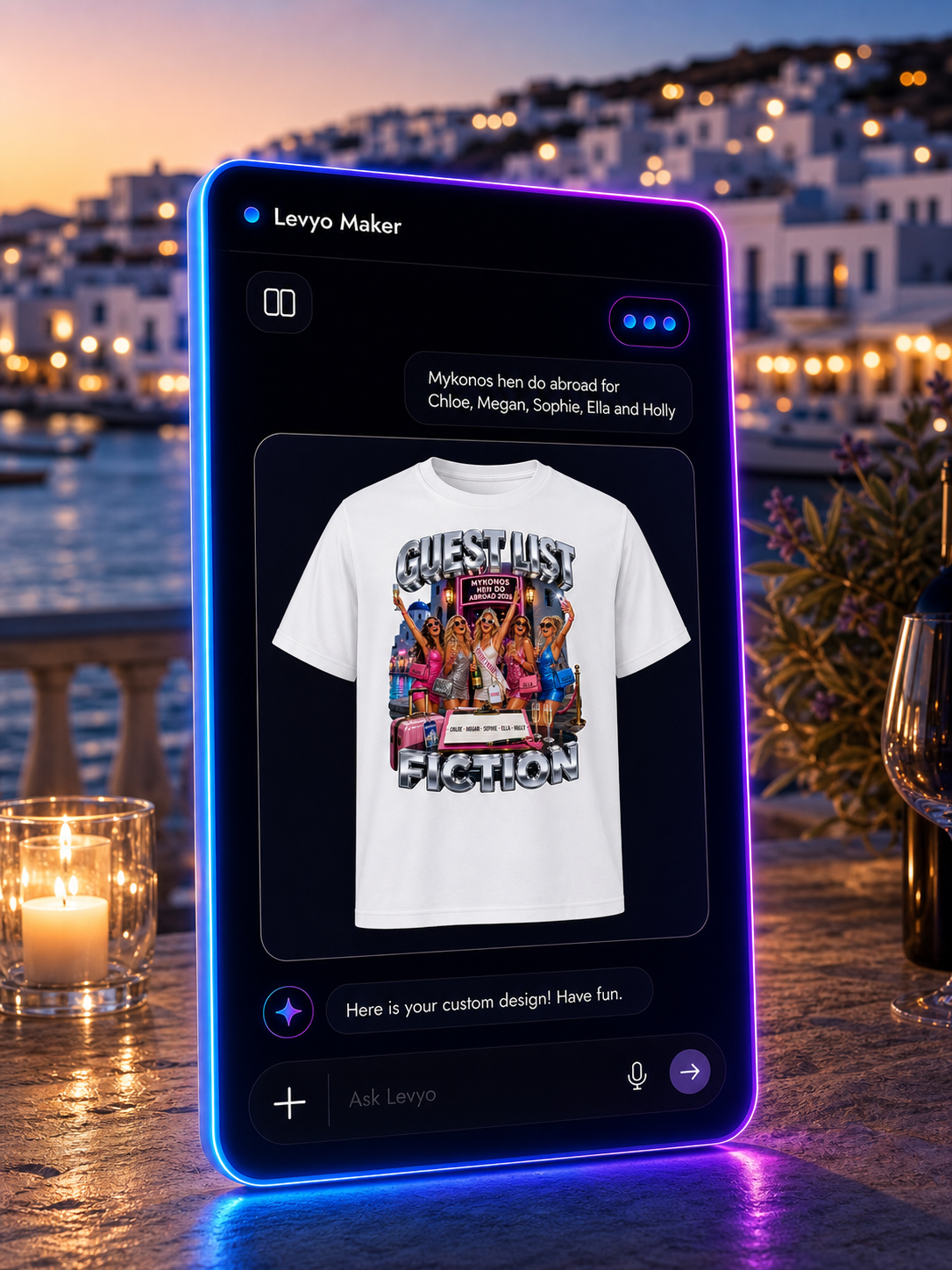 Levyo Maker result screen for hen do abroad t shirts