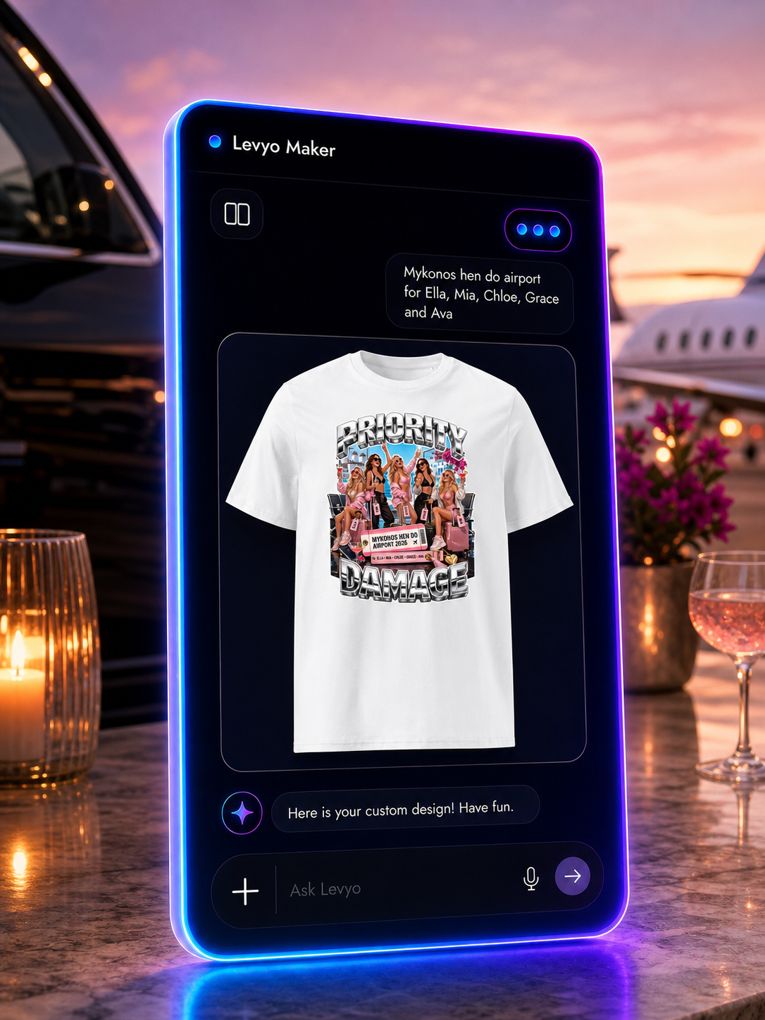 Levyo Maker result screen for hen do airport t shirts