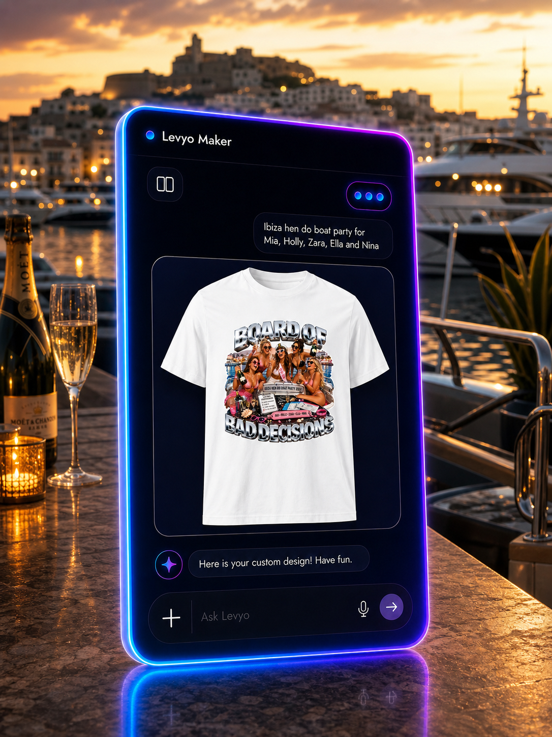 Levyo Maker result screen for hen do boat party t shirts