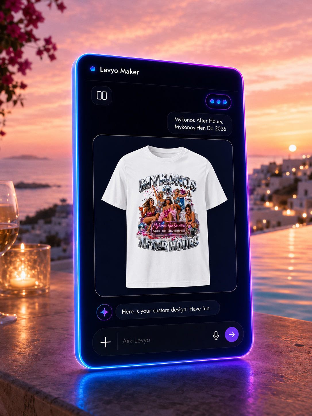 Levyo Maker result screen showing a custom hen party shirt design preview