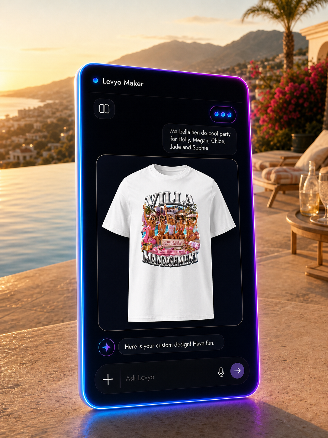 Levyo Maker result screen for hen do pool party t shirts