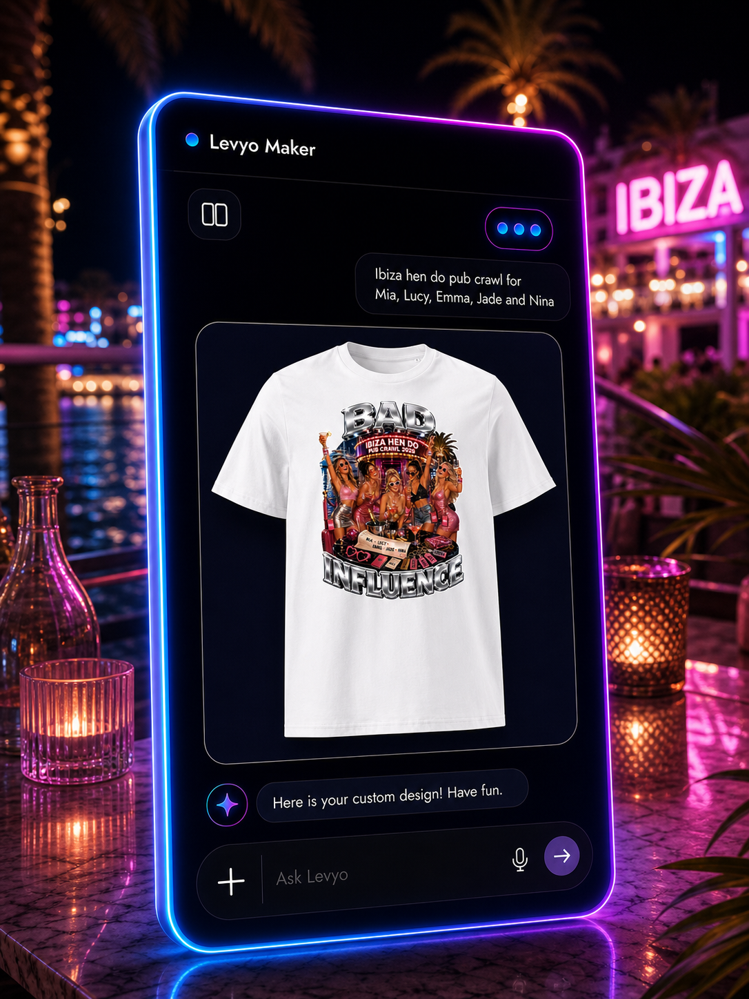 Levyo Maker result screen for hen do pub crawl t shirts