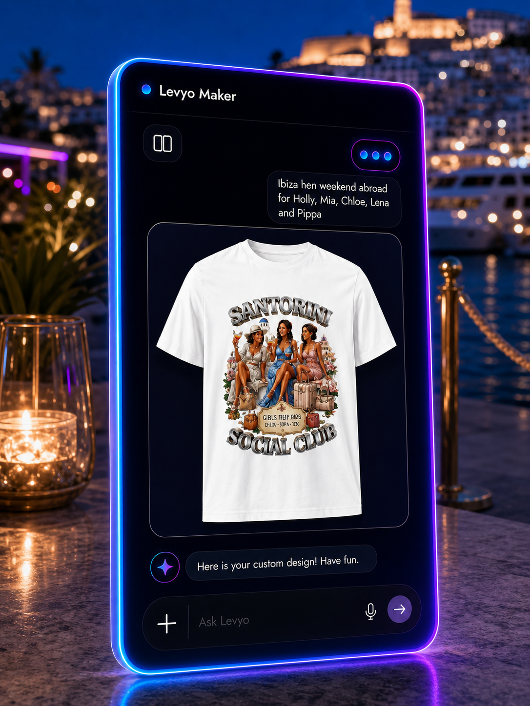 Levyo Maker result screen for hen weekend abroad t shirts