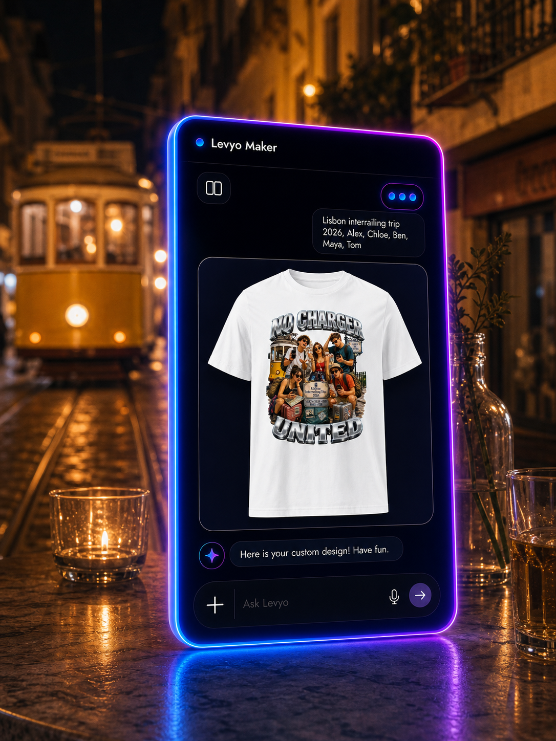 Levyo Maker result screen for interrailing trip t shirts