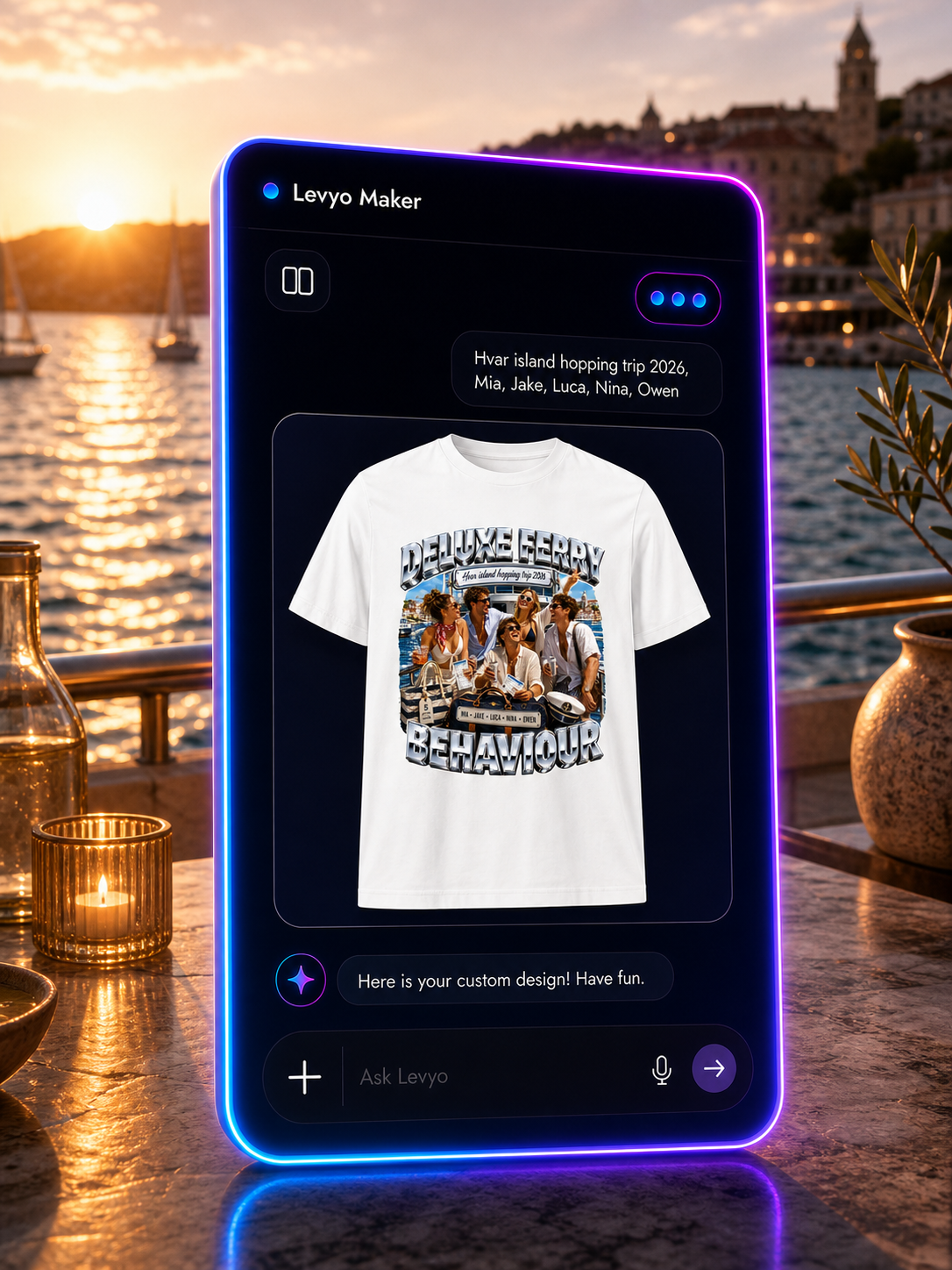Levyo Maker result screen for island hopping trip t shirts