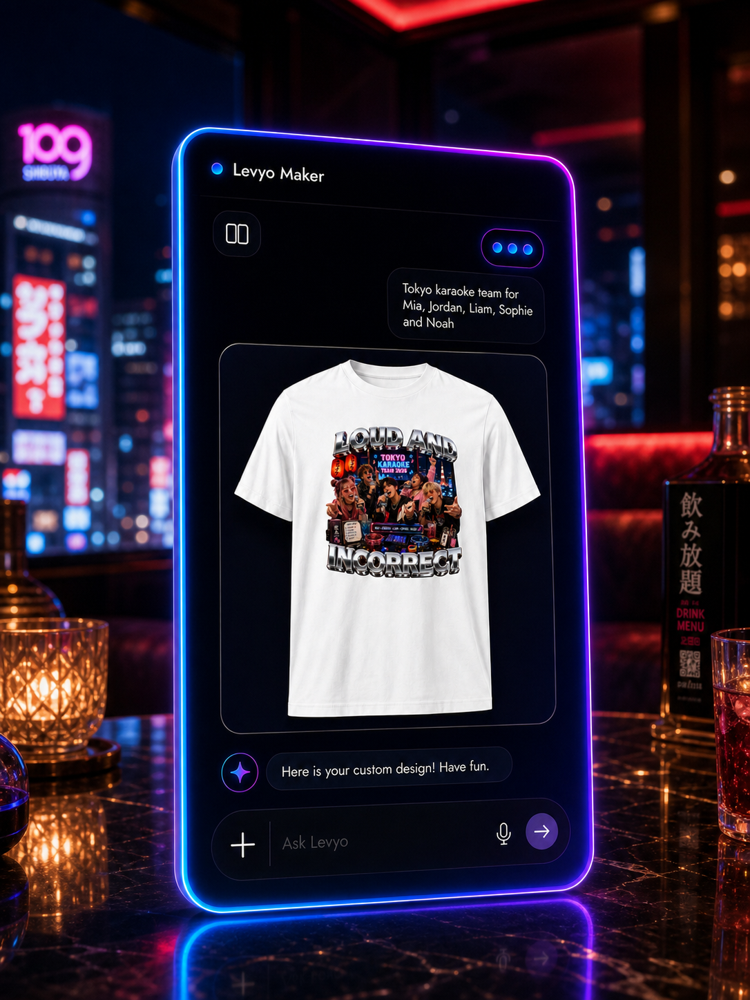 Levyo Maker result screen for karaoke team t shirts