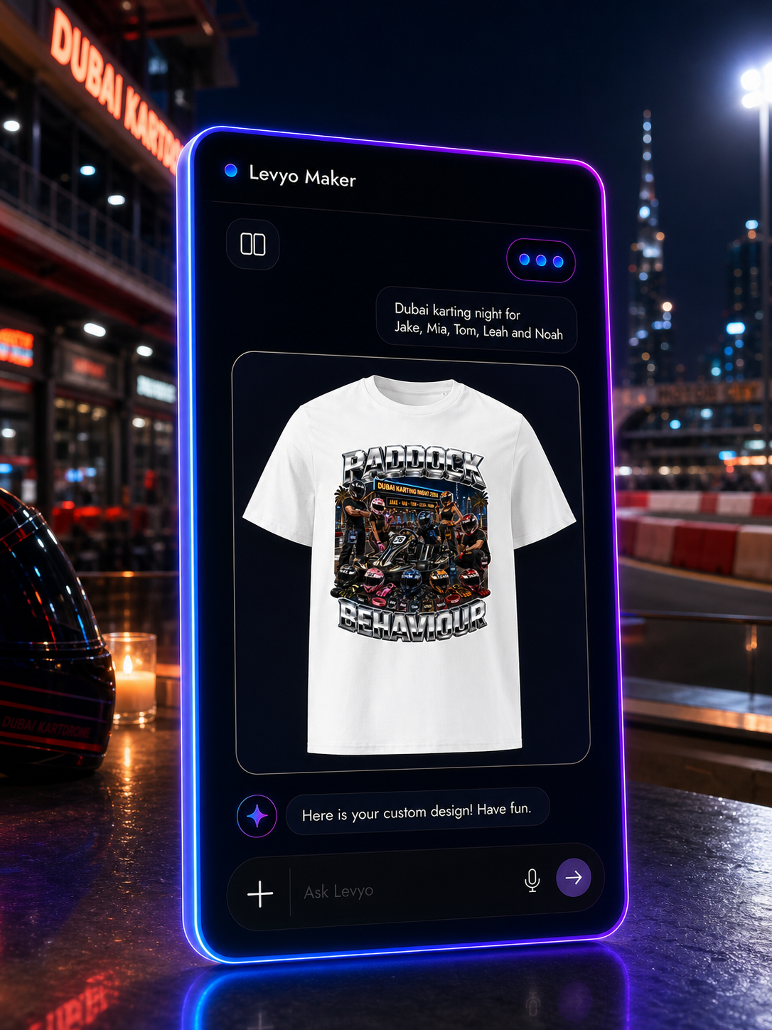 Levyo Maker result screen for karting night t shirts