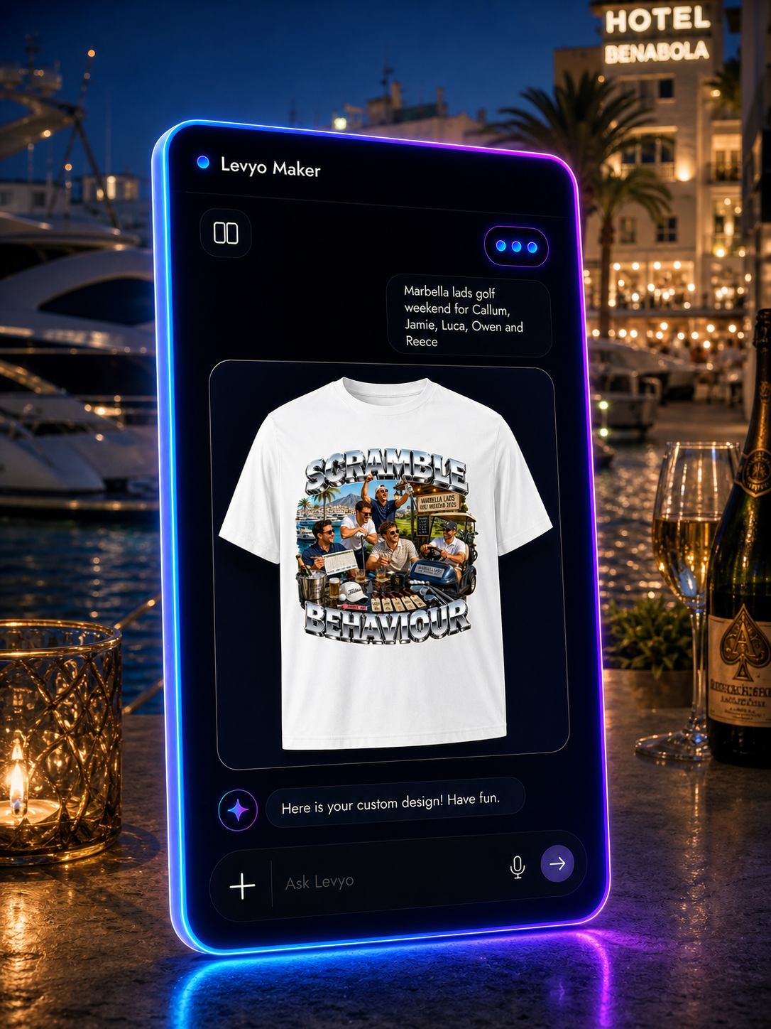 Levyo Maker result screen for lads golf weekend t shirts
