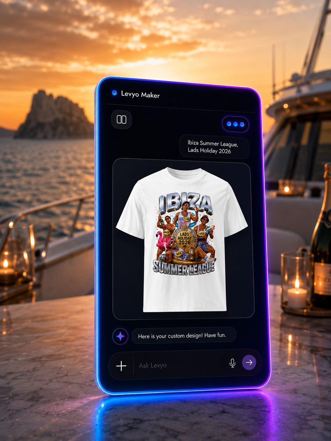 Levyo Maker result screen for lads holiday shirts