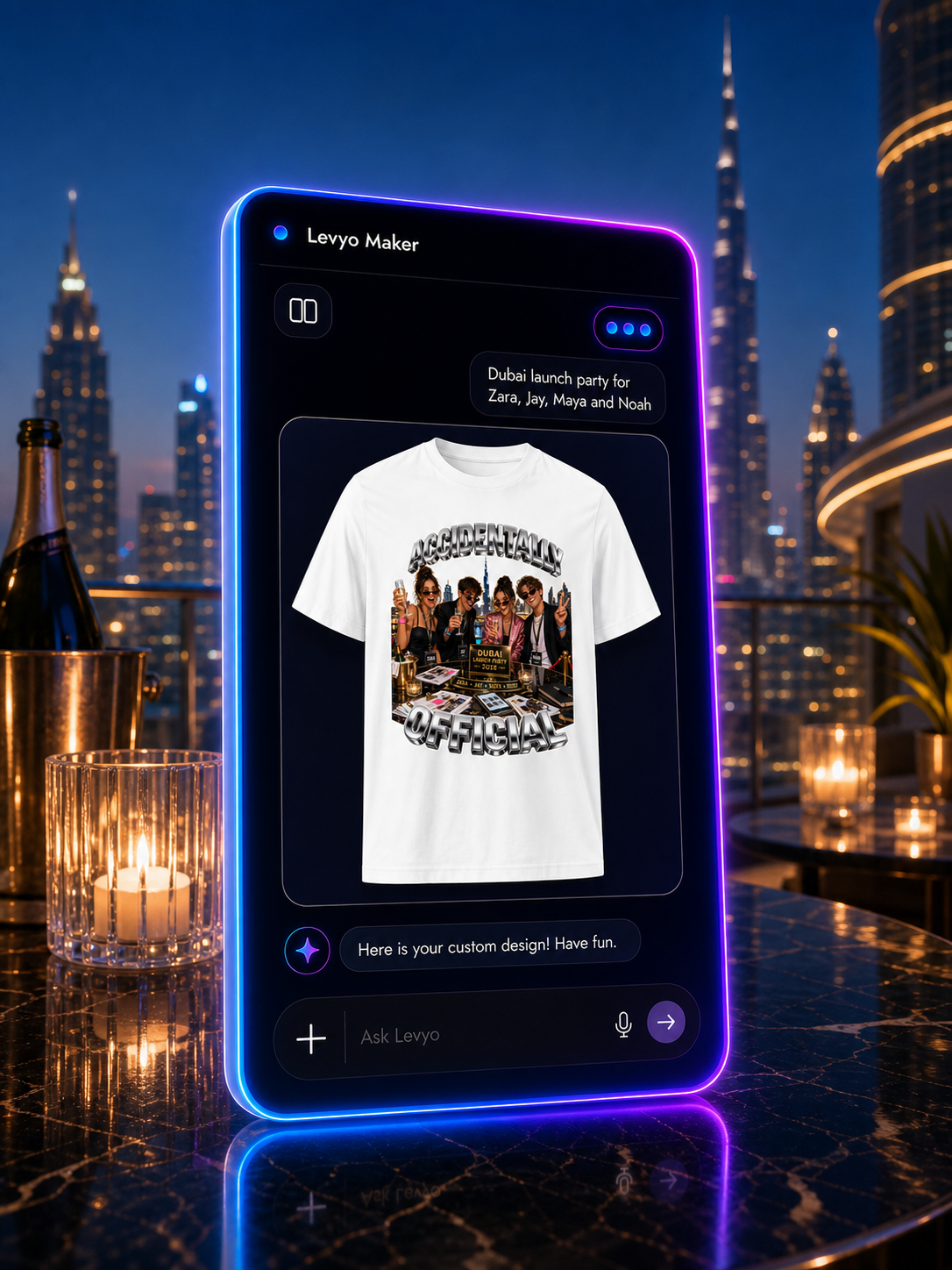 Levyo Maker result screen for launch party t shirts