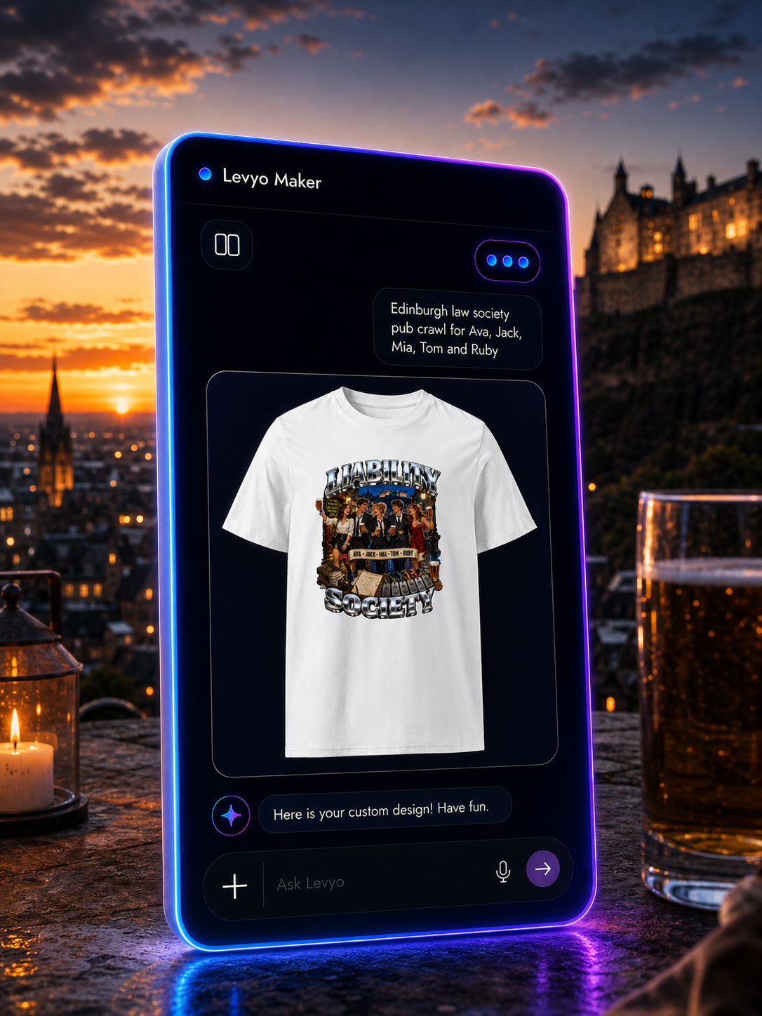 Levyo Maker result screen for law society pub crawl t shirts