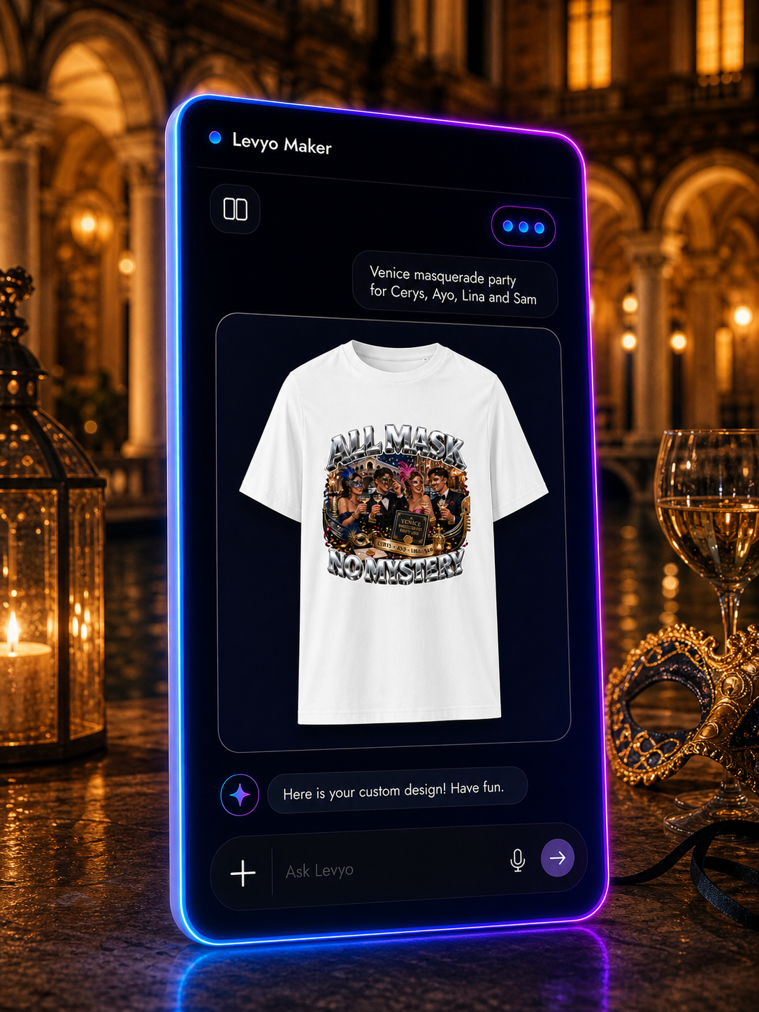 Levyo Maker result screen for masquerade party t shirts