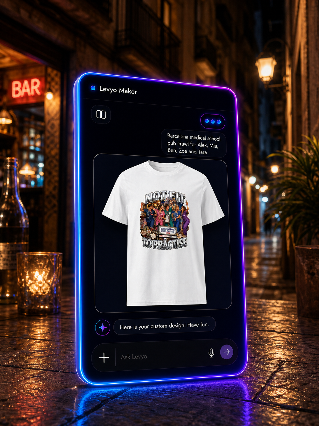 Levyo Maker result screen for medical school pub crawl t shirts