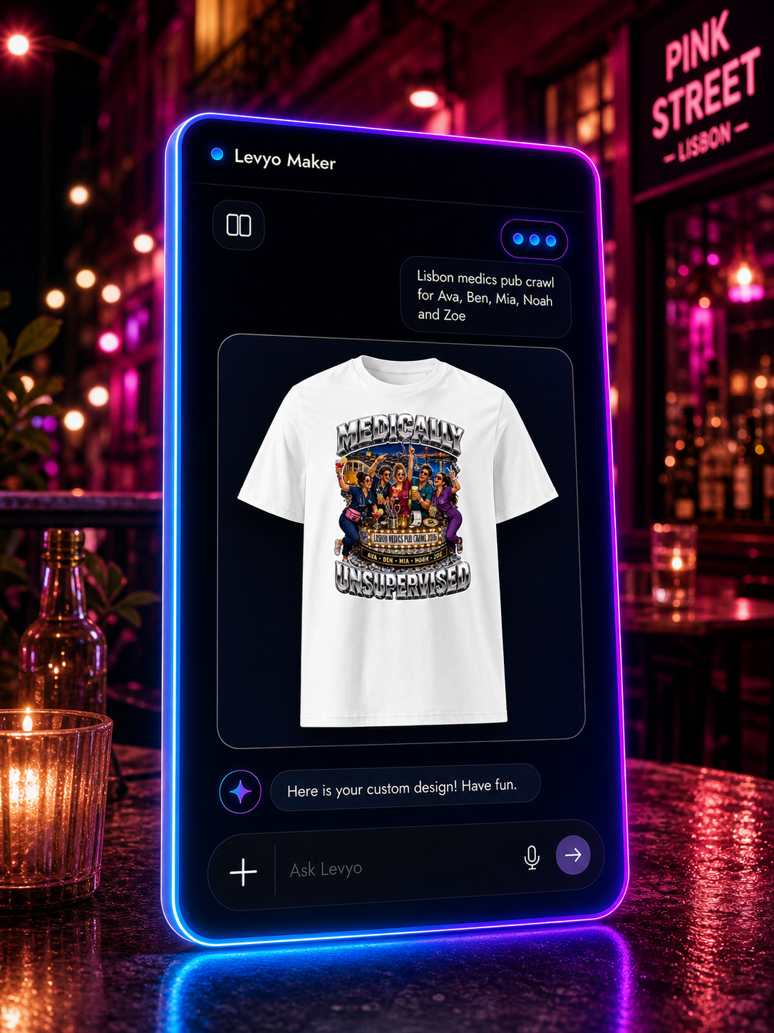 Levyo Maker result screen for medics pub crawl t shirts