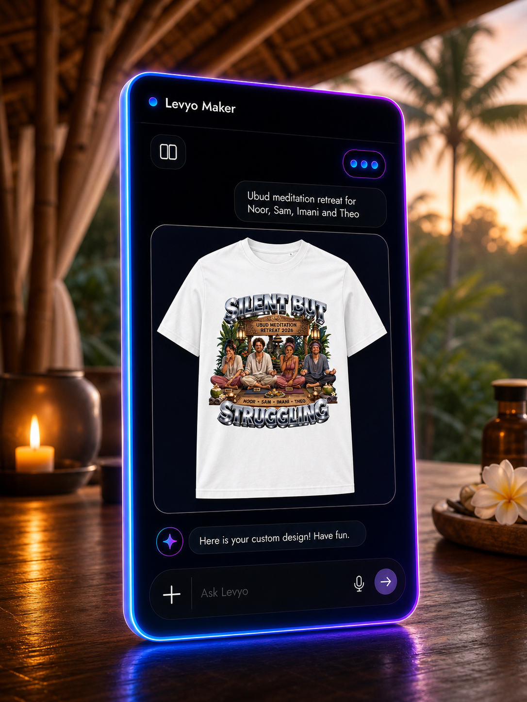 Levyo Maker result screen for meditation retreat t shirts