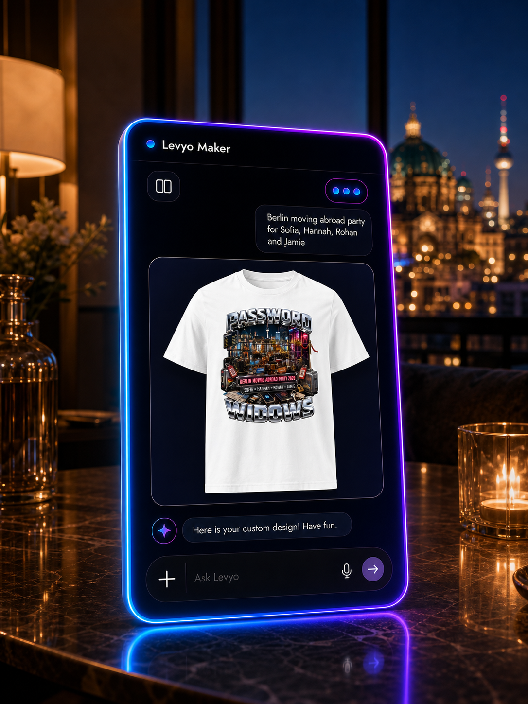 Levyo Maker result screen for moving abroad party t shirts