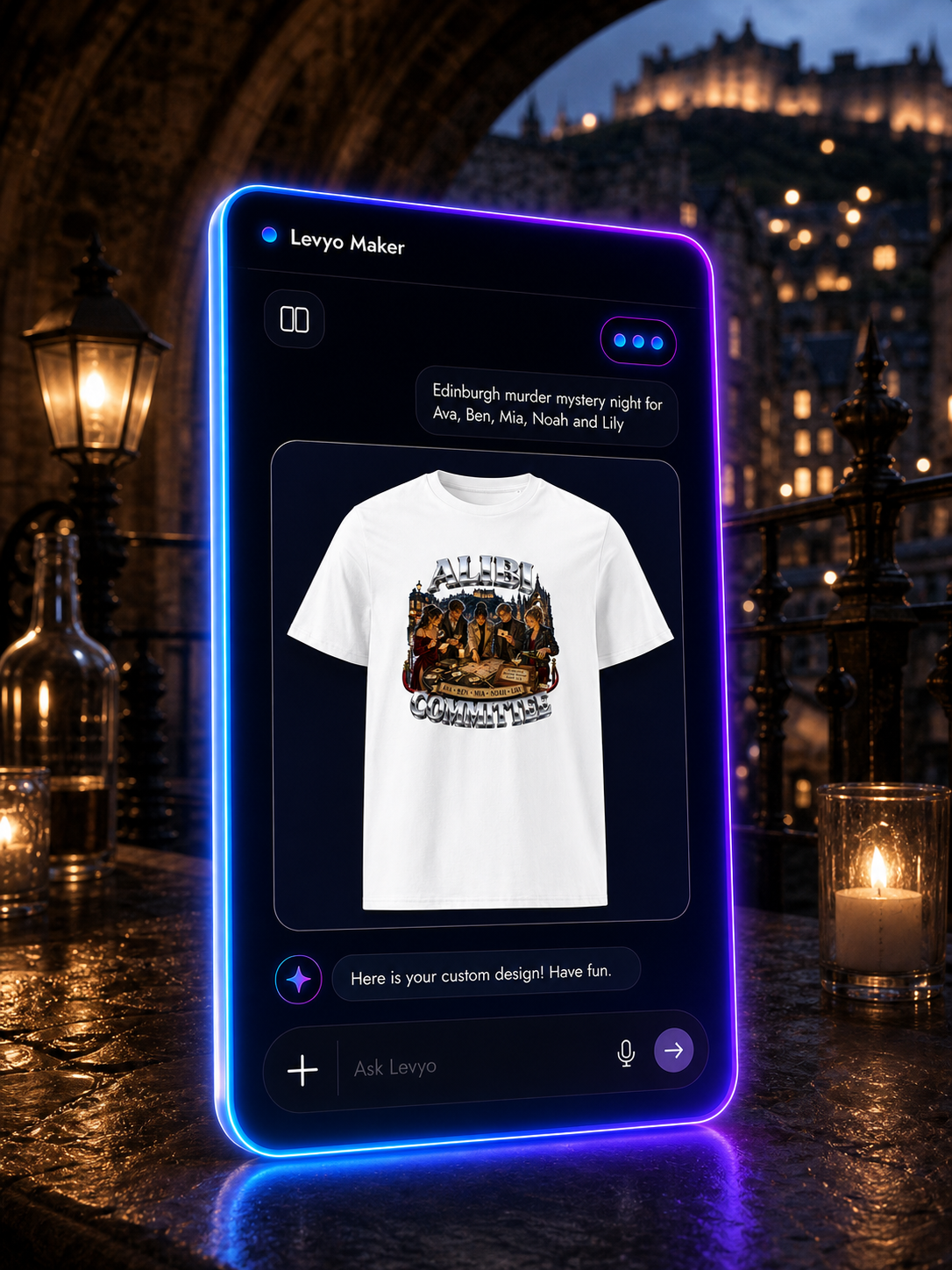 Levyo Maker result screen for murder mystery night t shirts