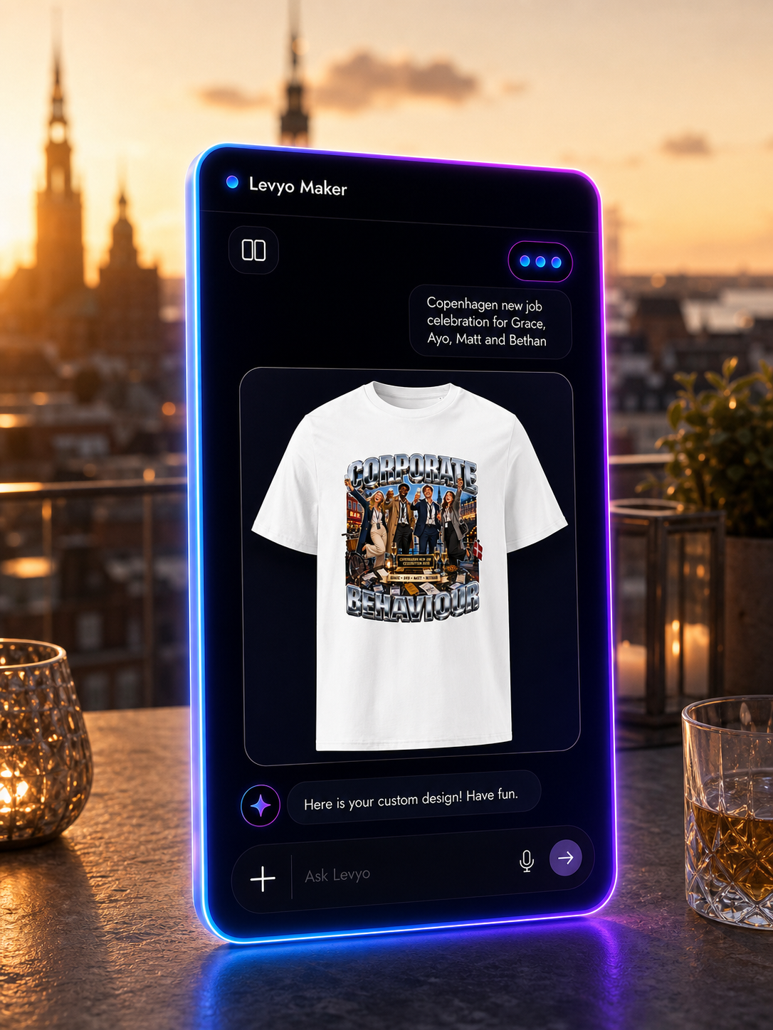 Levyo Maker result screen for new job celebration t shirts
