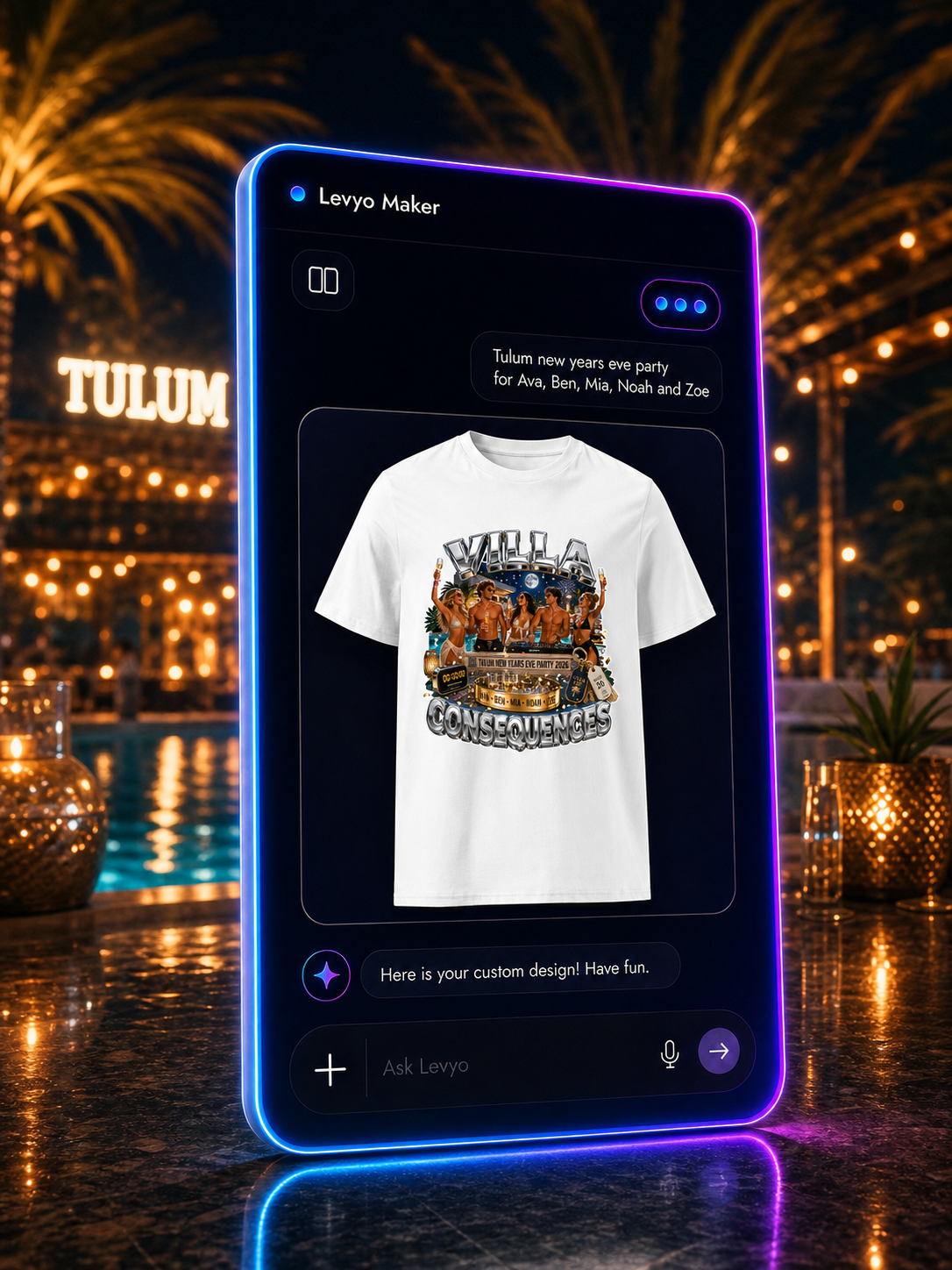 Levyo Maker result screen for new years eve party t shirts