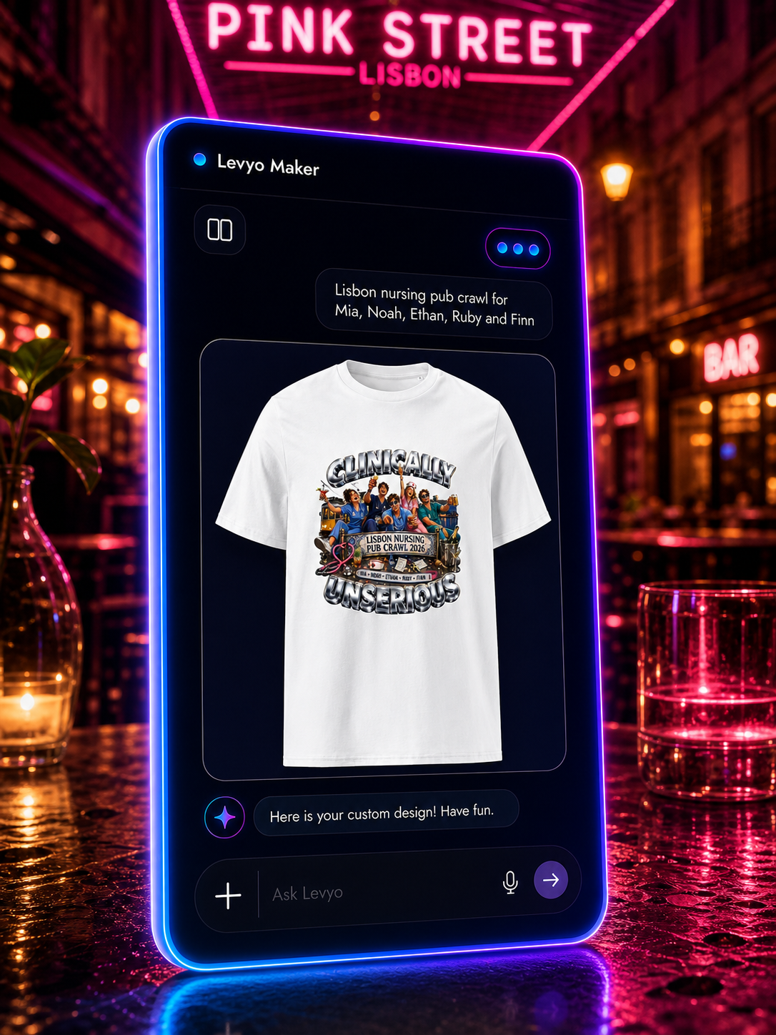 Levyo Maker result screen for nursing pub crawl t shirts