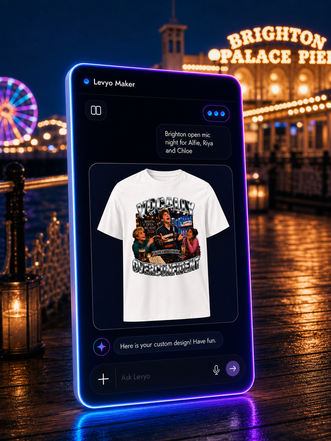 Levyo Maker result screen for open mic night t shirts