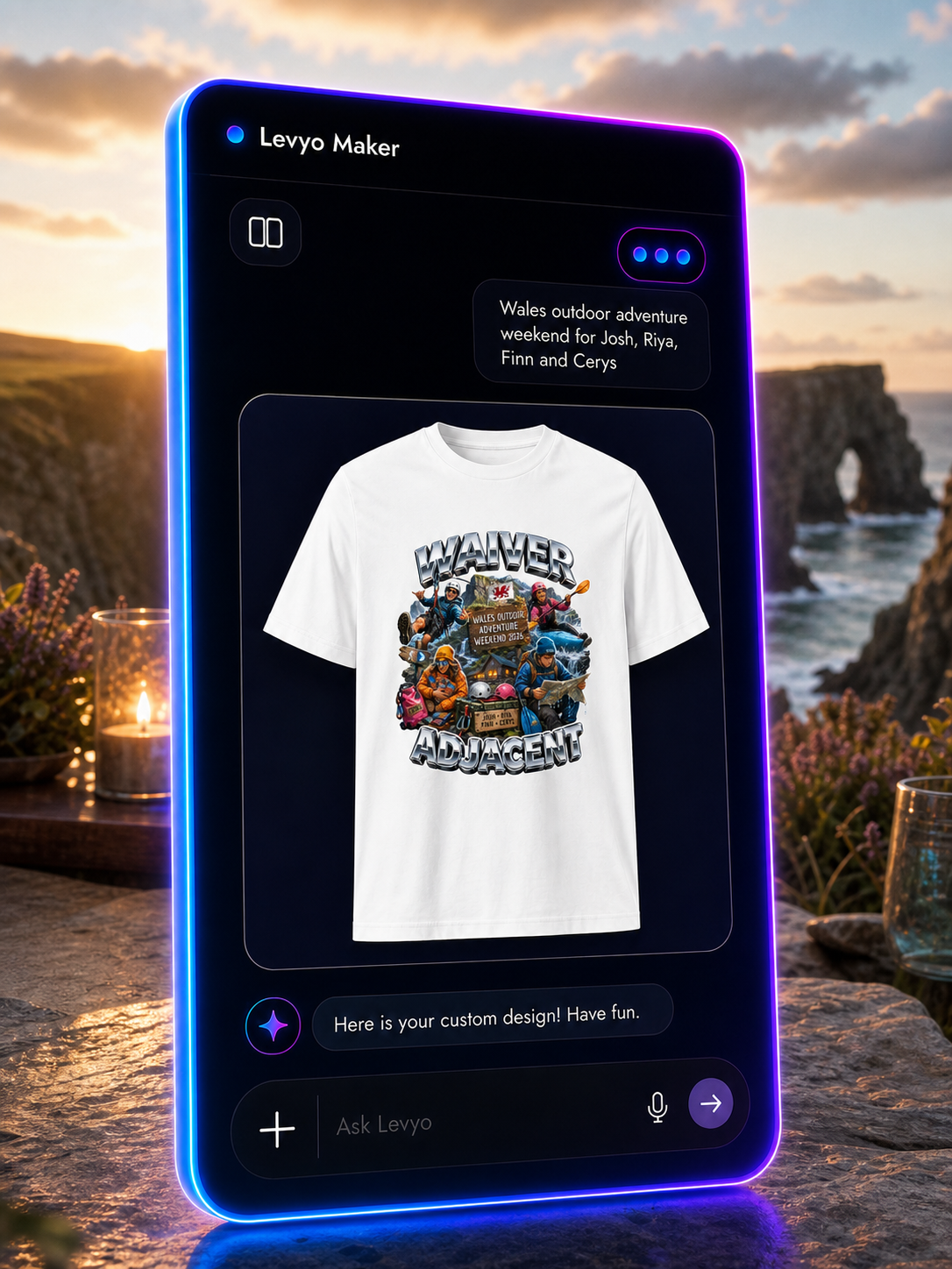 Levyo Maker result screen for outdoor adventure weekend t shirts