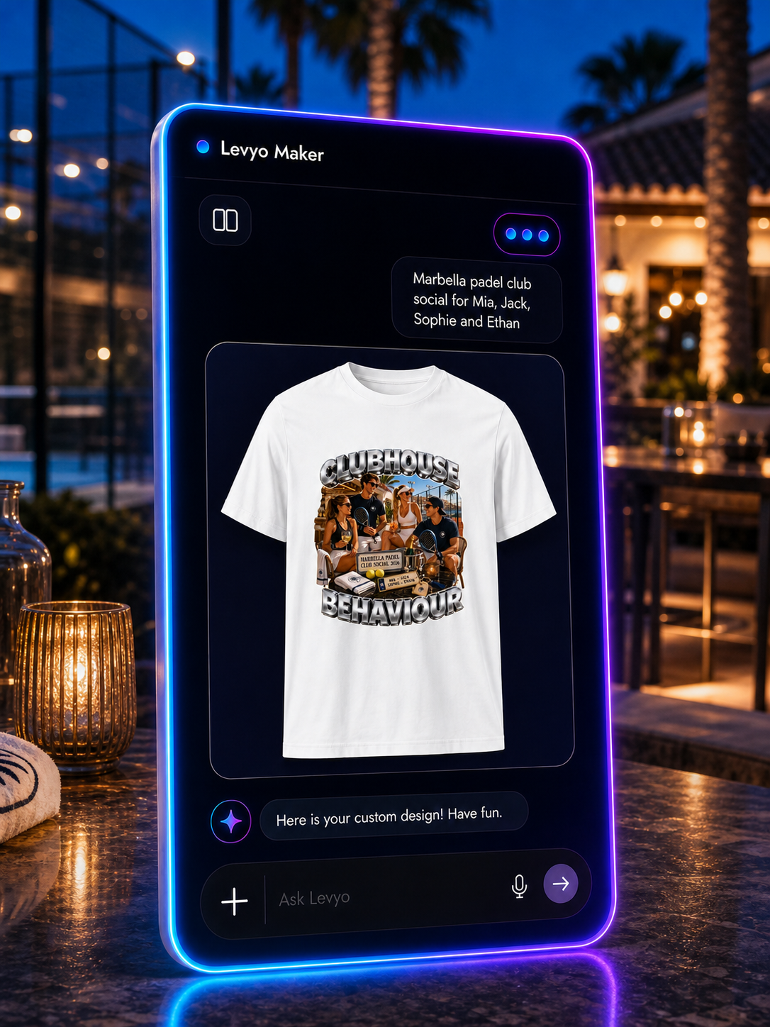 Levyo Maker result screen for padel club social t shirts