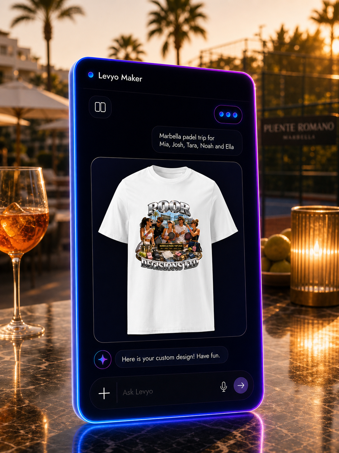 Levyo Maker result screen for padel trip t shirts