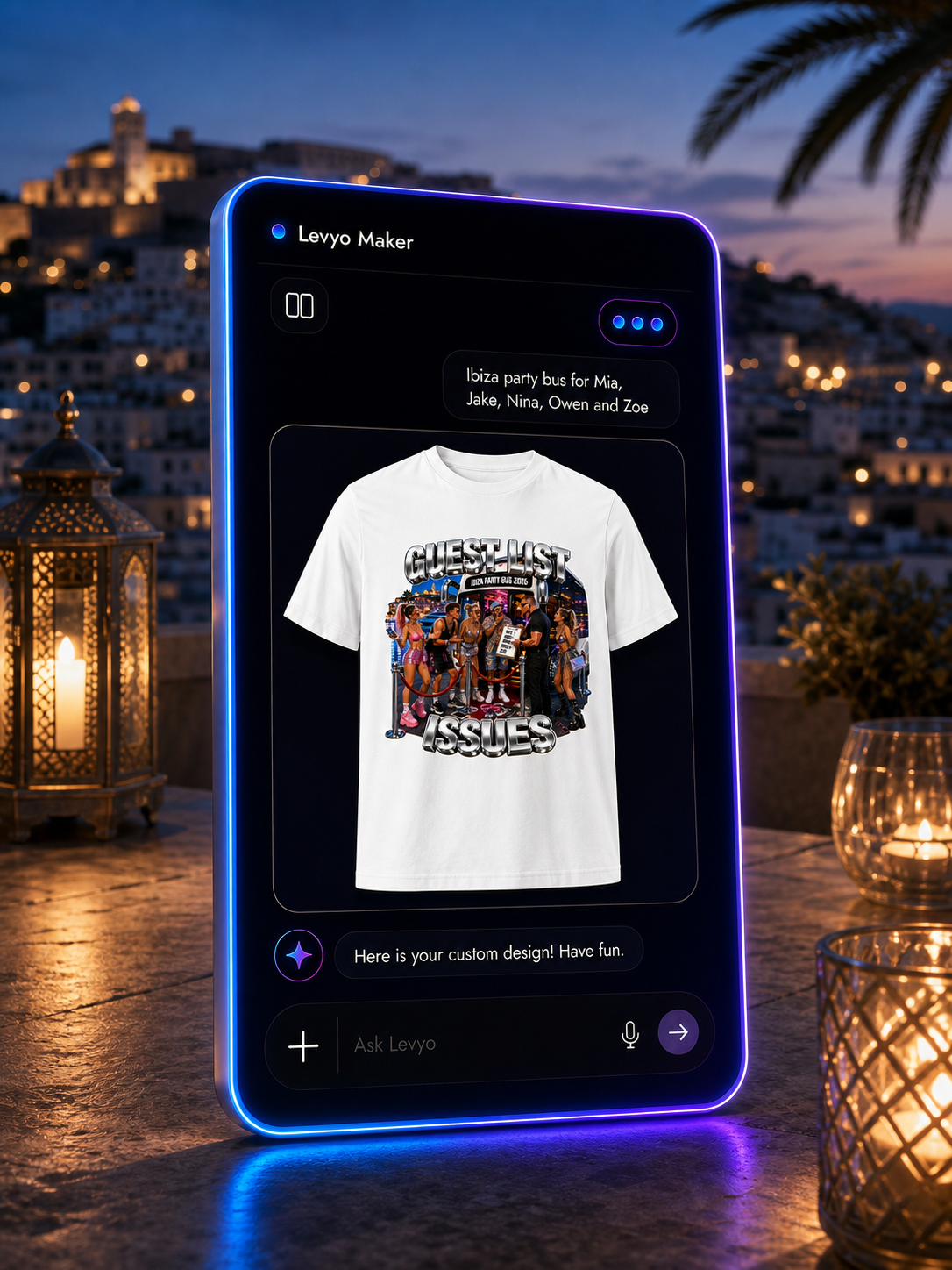 Levyo Maker result screen for party bus t shirts