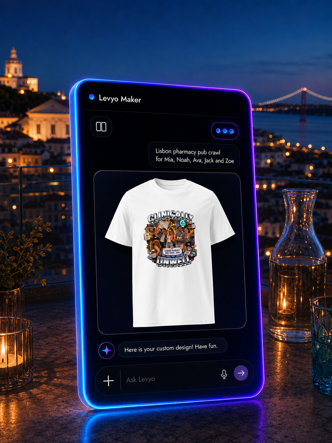 Levyo Maker result screen for pharmacy pub crawl t shirts