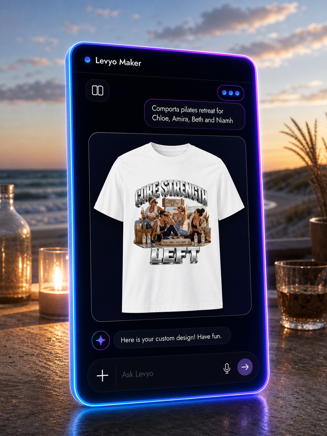 Levyo Maker result screen for pilates retreat t shirts