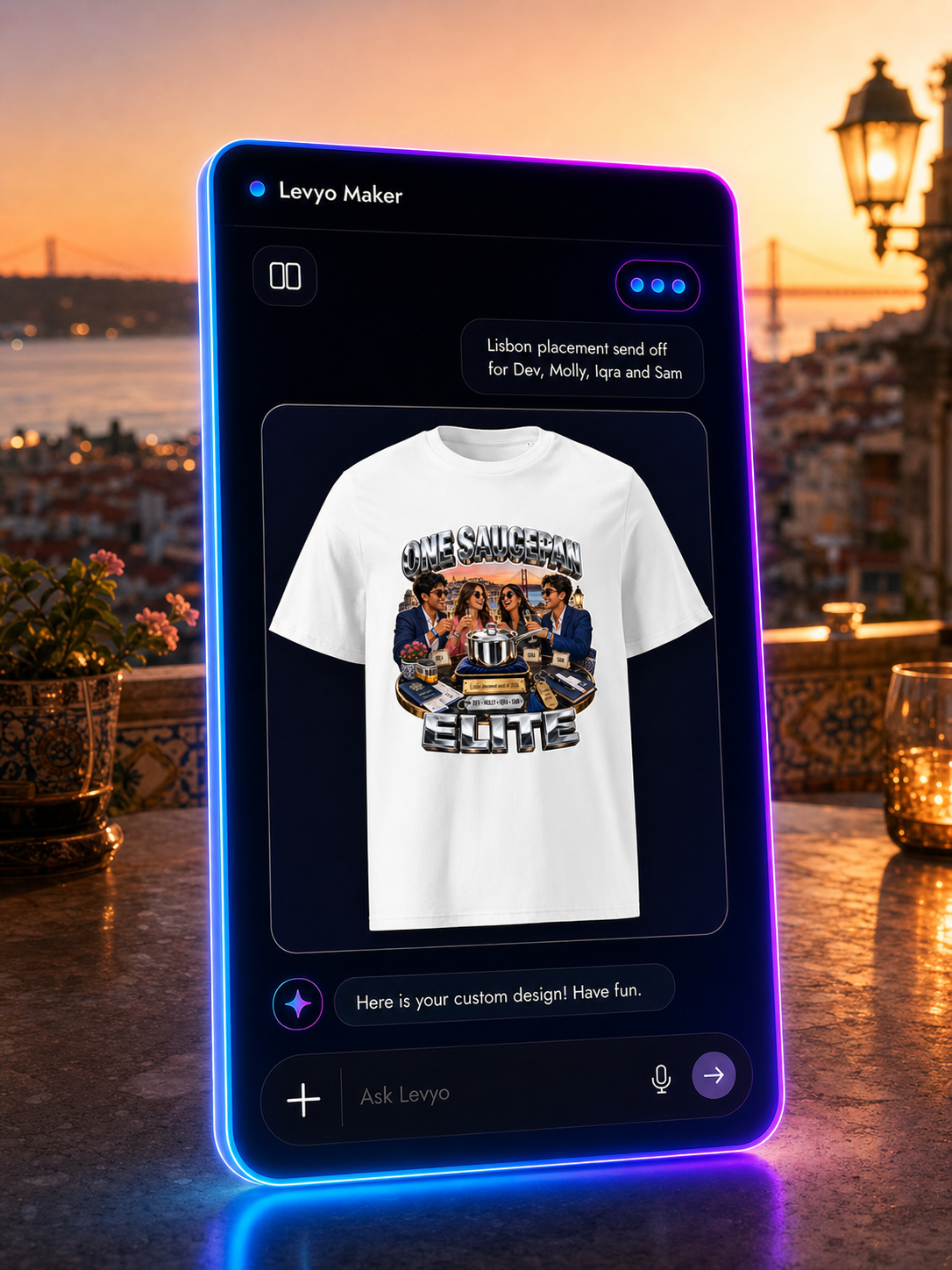 Levyo Maker result screen for placement send off t shirts