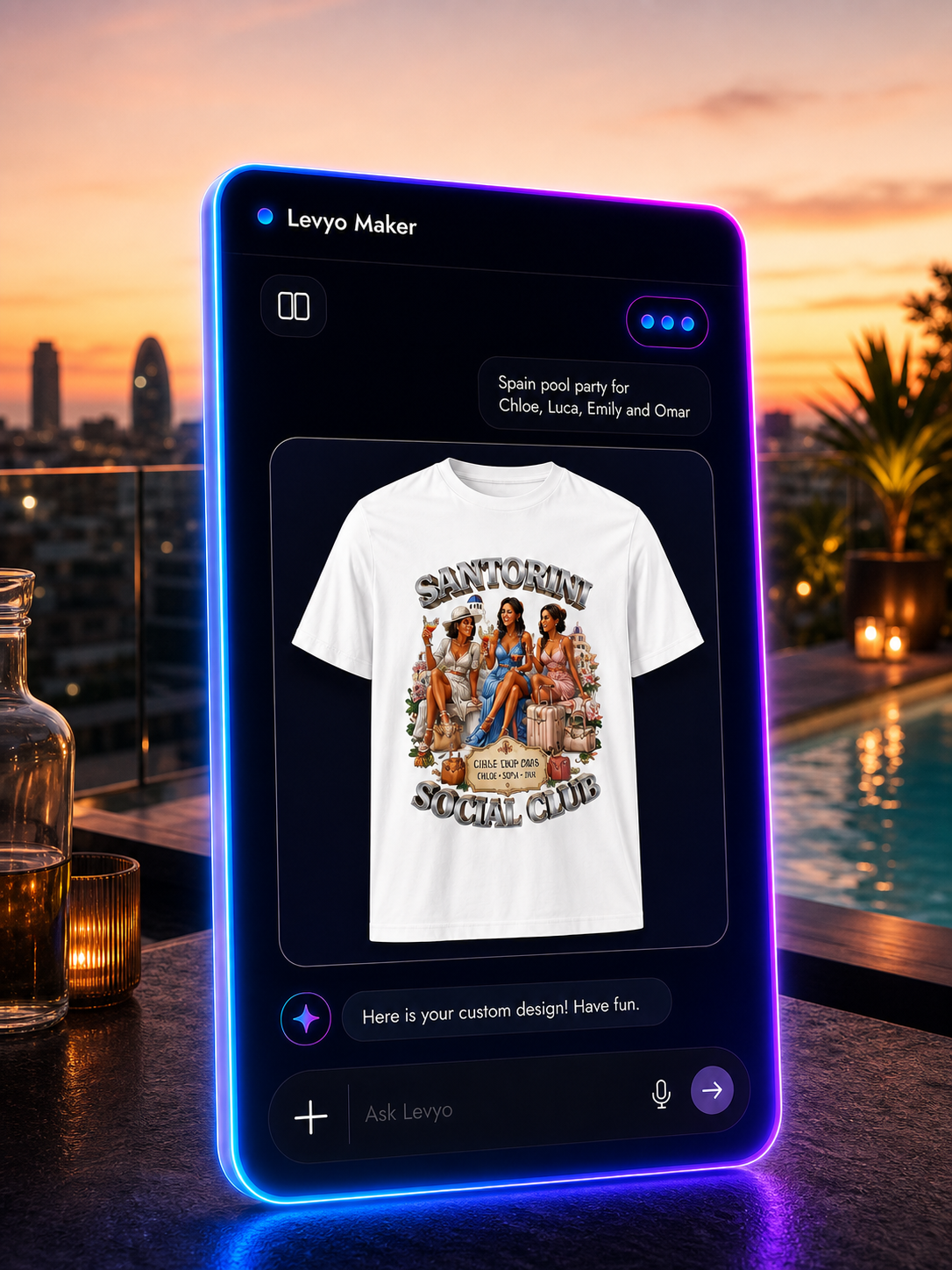 Levyo Maker result screen for pool party t shirts