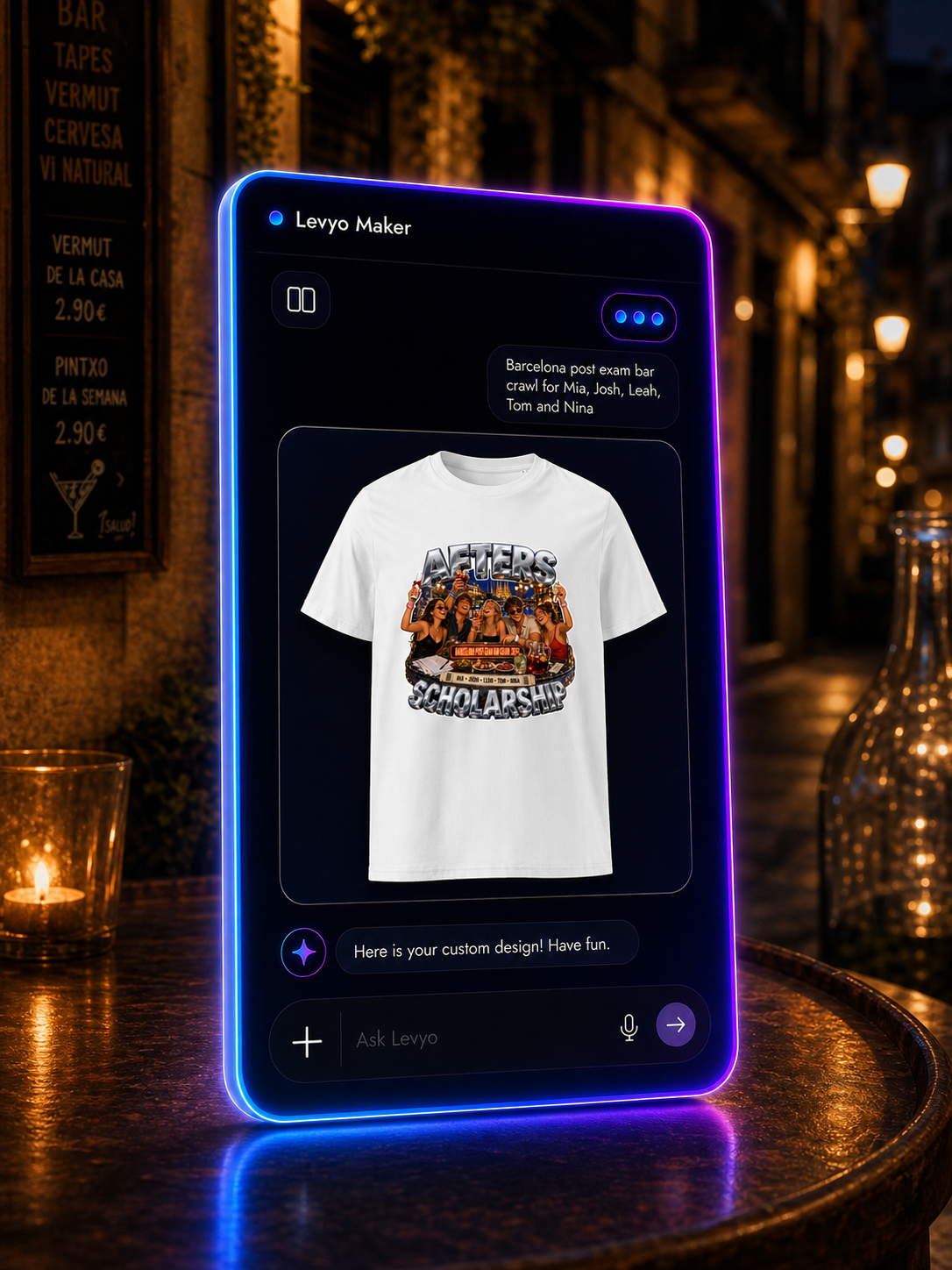 Levyo Maker result screen for post exam bar crawl t shirts