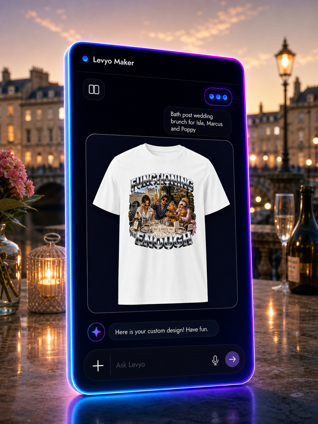 Levyo Maker result screen for post wedding brunch t shirts
