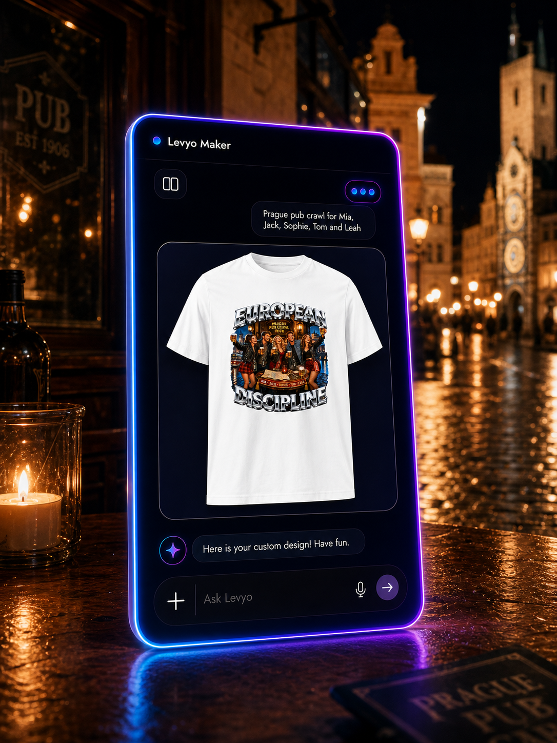 Levyo Maker result screen for pub crawl t shirts