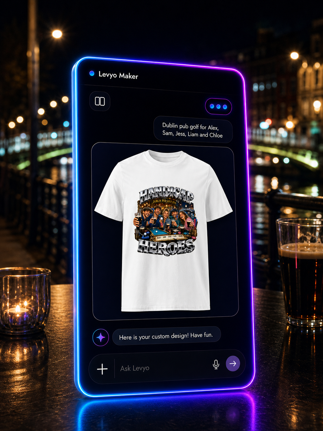 Levyo Maker result screen for pub golf t shirts