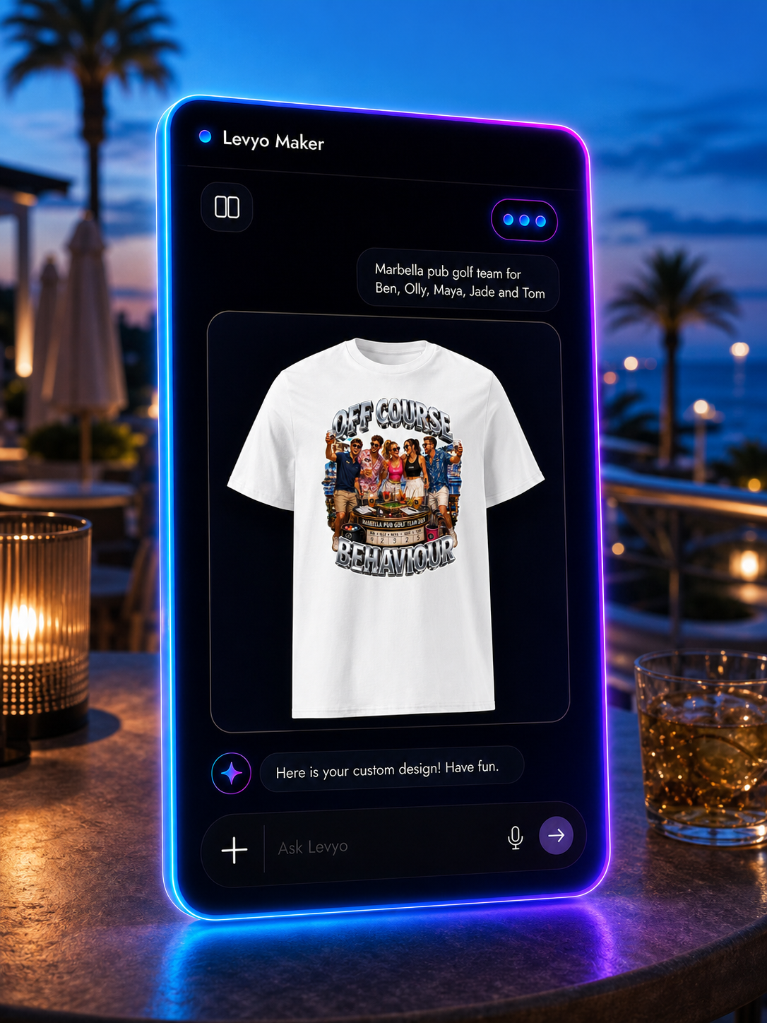 Levyo Maker result screen for pub golf team t shirts