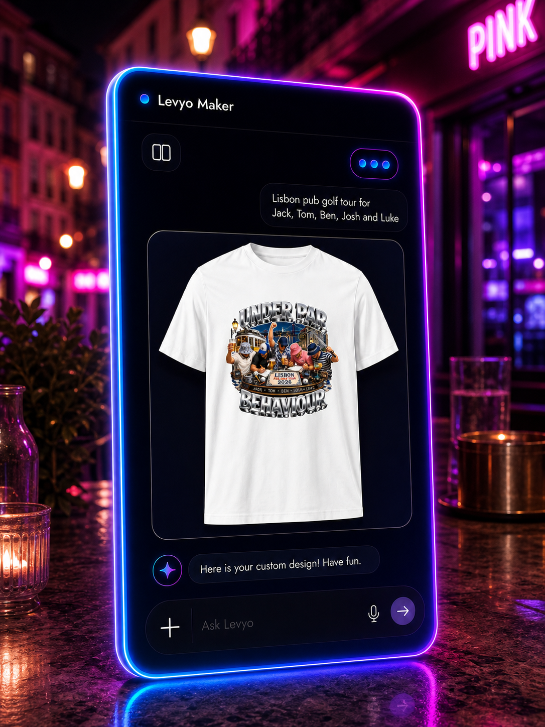 Levyo Maker result screen for pub golf tour t shirts